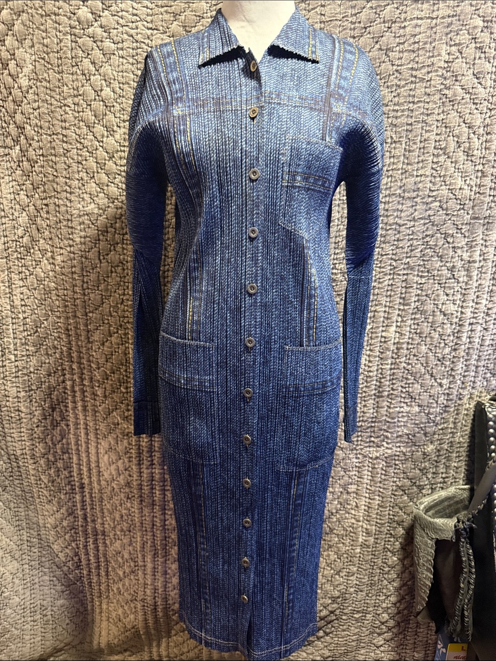 Issey Miyake Ribbed Button-Front Blue Long-Sleeve Dress